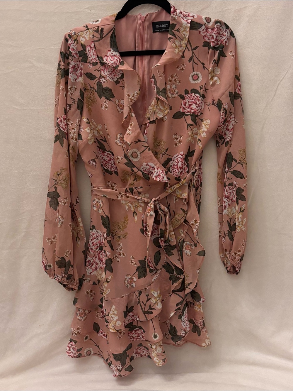Bardot Rose-Pink Floral Ruffle Dress with Tie